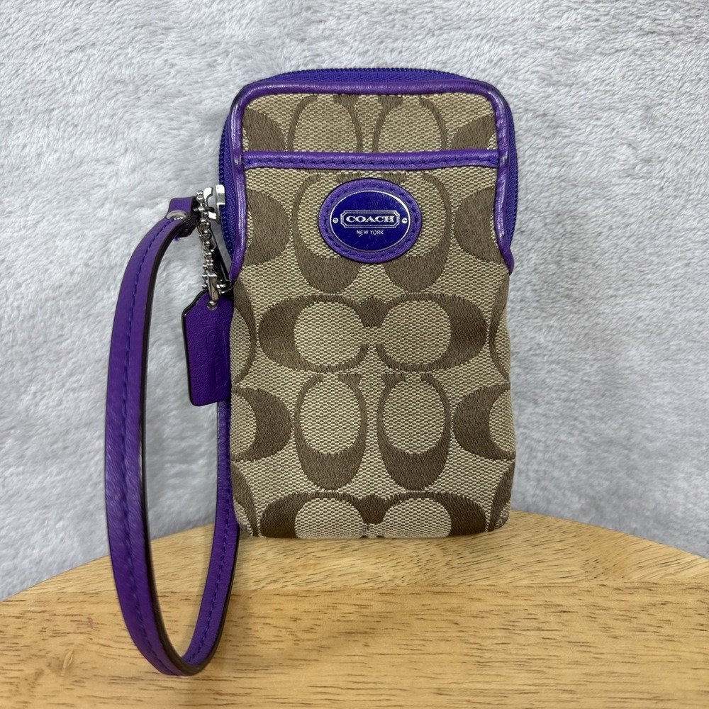 Vintage Coach Signature Phone/wallet Wristlet Brown Purple Trim